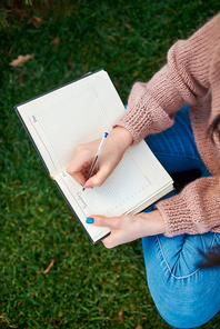 Top view of young lady in casual clothing writing something down to her daily planner while sitting cross-legged on green sward