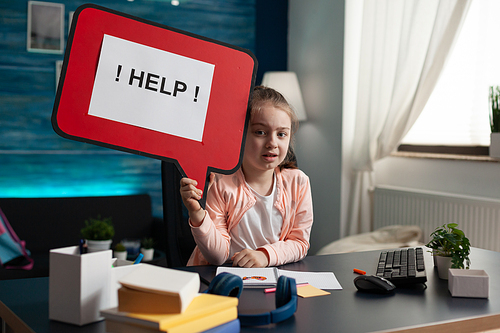 Conceptual image of little school girl needing help with homework overload burden feeling sad. Small student tensed from studying internet online class lessons showing graphic illustration