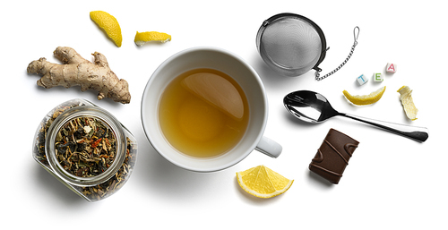 Green tea with natural aromatic additives and accessories. Top view on white background.