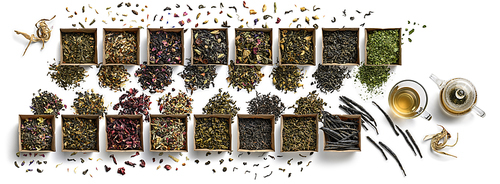 Large assortment of tea on a white background. The view from the top.