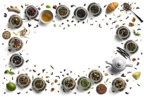 Large assortment of tea on a white background. The view from the top.