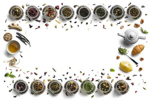 Large assortment of tea on a white background. The view from the top.