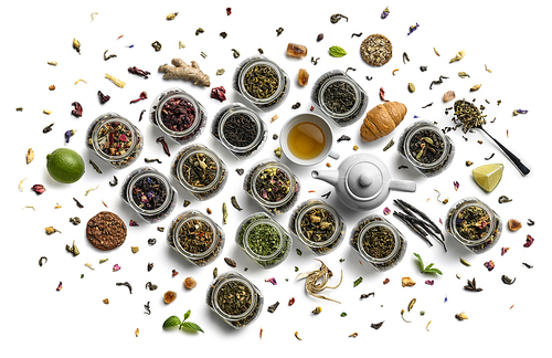 Large assortment of tea on a white background. The view from the top.