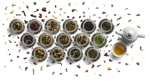 Large assortment of tea on a white background. The view from the top.