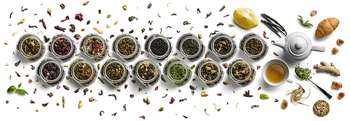 Large assortment of tea on a white background. The view from the top.