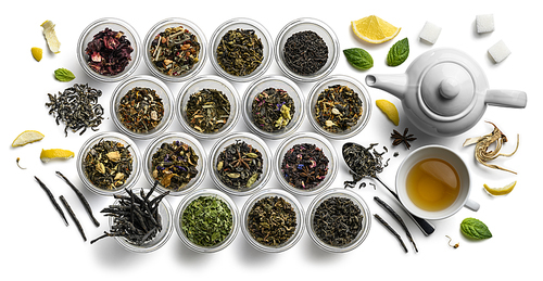 Large assortment of tea on a white background. The view from the top.