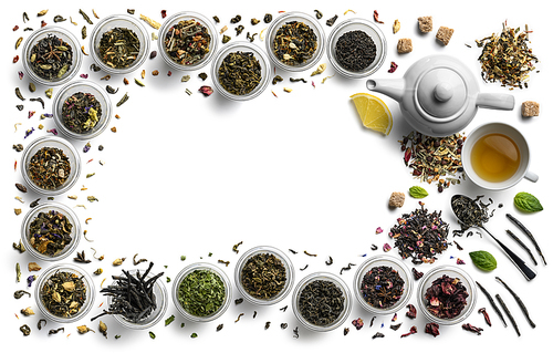 Large assortment of tea on a white background. The view from the top.