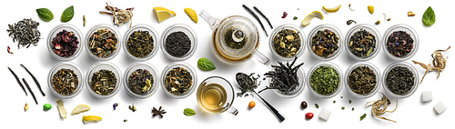 Large assortment of tea on a white background. The view from the top.