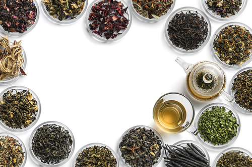 Large assortment of tea on a white background. The view from the top.