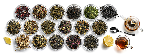 Large assortment of tea on a white background. The view from the top.