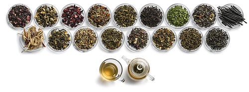 Large assortment of tea on a white background. The view from the top.