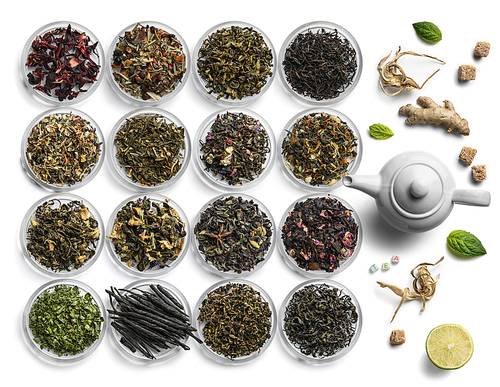 Large assortment of tea on a white background. The view from the top.