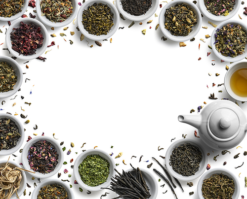 Large assortment of tea on a white background. The view from the top.