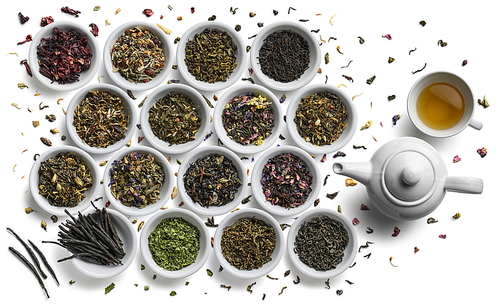 Large assortment of tea on a white background. The view from the top.