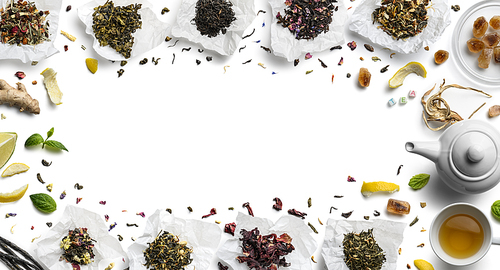 Large assortment of tea on a white background. The view from the top.