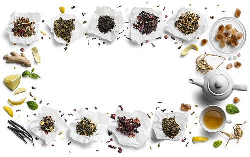 Large assortment of tea on a white background. The view from the top.