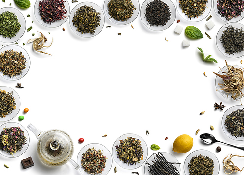 Large assortment of tea on a white background. The view from the top.