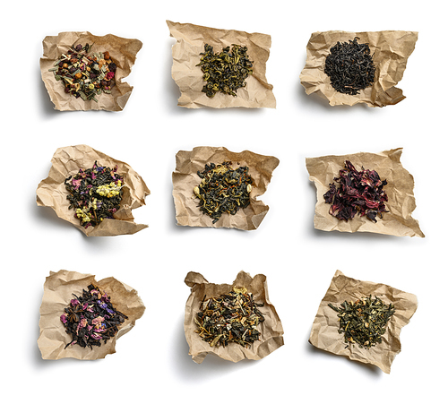 Large assortment of tea on a white background. The view from the top.