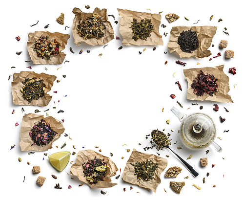 Large assortment of tea on a white background. The view from the top.