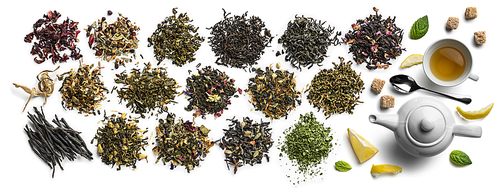 Large assortment of tea on a white background. The view from the top.