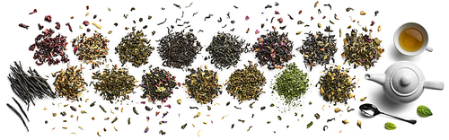 Large assortment of tea on a white background. The view from the top.