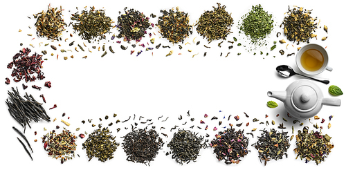 Large assortment of tea on a white background. The view from the top.