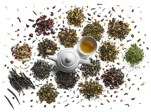 Large assortment of tea on a white background. The view from the top.