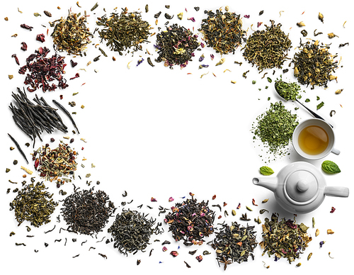 Large assortment of tea on a white background. The view from the top.