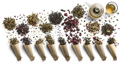 Large assortment of tea on a white background. The view from the top.