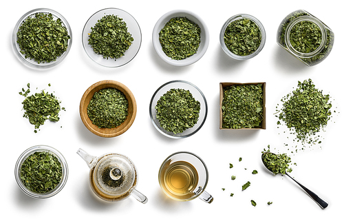 Dried Moringa on a white background. The view from the top.