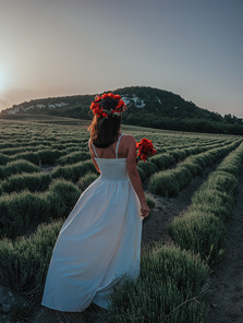 Bride in a white dress holding a bouquet of poppy flowers, warm sunset time on the background of the lavender field. Copy space. The concept of calmness, silence and unity with nature.
