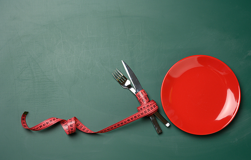 empty red round plate and fork and knife wrapped in green measuring tape on a green background, weight loss concept, flat lay