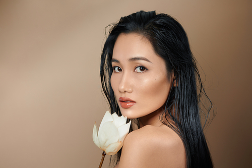 Young beautiful Asian women holding dried lotus buds on beige background