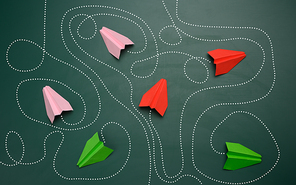 group of paper planes with long tangled paths on a green background. concept of a strong leader with extraordinary thinking, quick decision-making. Finding the optimal and simple solution in business