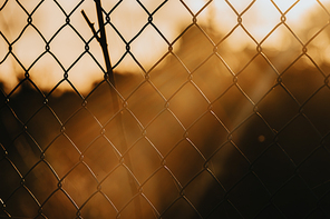 Fence during a colorful sunset background, orange and green tones