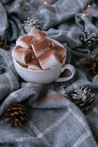 Cocoa drink with marshmallow and cacao powder on cozy winter sweater background. Christmas lights. Winter holiday home atmosphere. Holiday new year greeting card