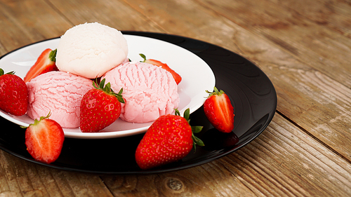 Delicious strawberry ice cream with fresh strawberrieson a white and black plate. Tasty summer cold dessert. Wood background