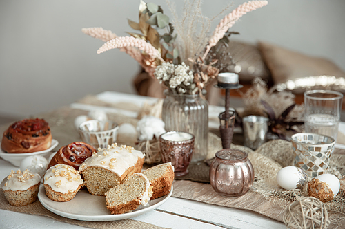 freshly baked homemade cakes on a festive food table. home serving hygge style.