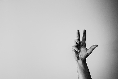 A black and white hand raised in front of a white background with copy space