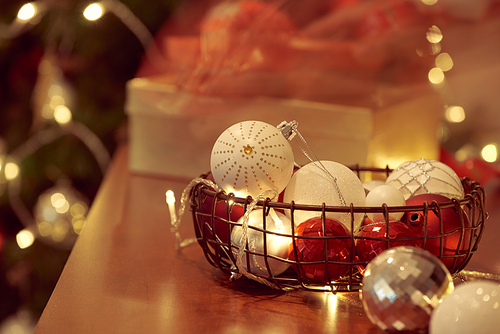 Christmas decorations and objects in red and gold for mock up template design.View from above