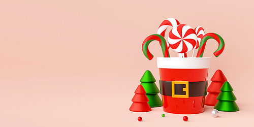 Christmas banner of candy cane in Santa cup, 3d illustration