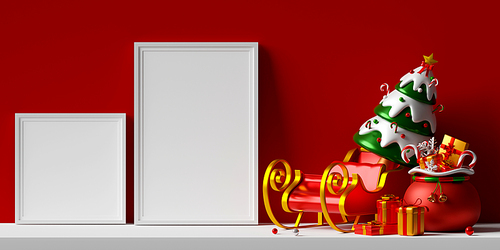 3d illustration of 2 photo frames mockup with sleigh and Christmas bag