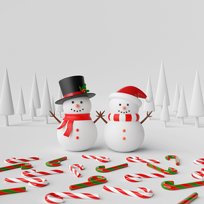 Snowman in pine forest with candy cane on snow ground, 3d illustration