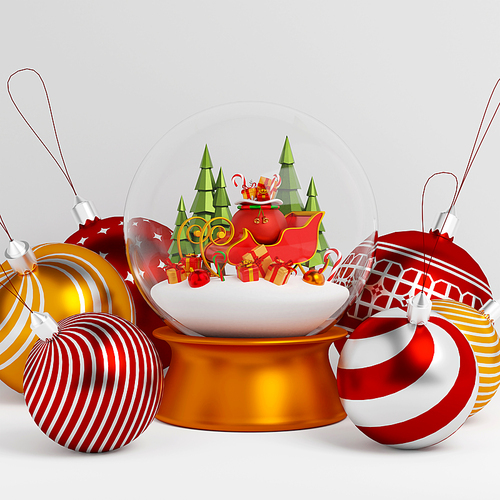 Gift bag on sleigh in Christmas globe with Christmas ball, 3d illustration