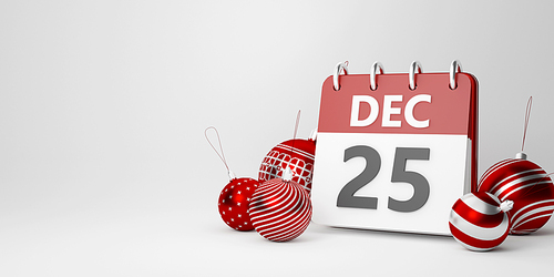 Christmas ball with calendar of Christmas day on white background, 3d illustration