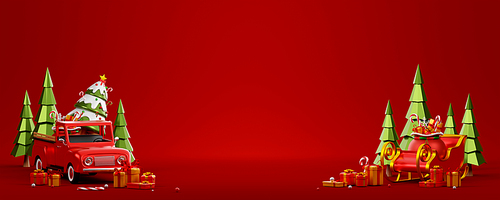 3d illustration Christmas banner of  Christmas truck and sleigh on red background