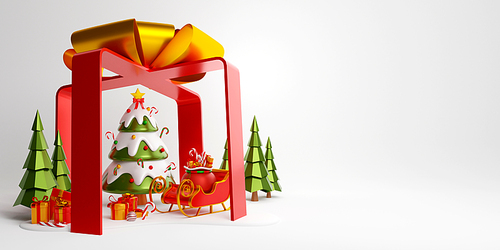 Christmas banner of Christmas tree, sleigh and gift box within big gift box, 3d illustration