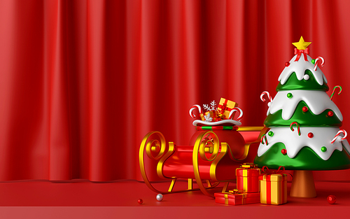 Christmas postcard of Christmas tree and sleigh on red curtain background, 3d illustration