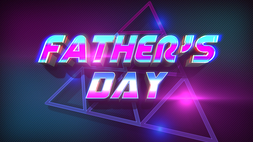 Text Fathers day and neon purple triangles in galaxy, retro holiday background. Dynamic 3d illustration style for club and entertainment template
