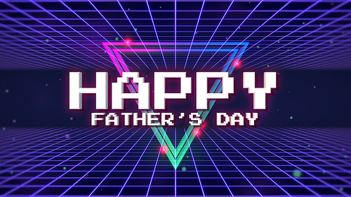 Text Fathers day and neon triangles in galaxy, retro holiday background. Dynamic 3d illustration style for club and entertainment template